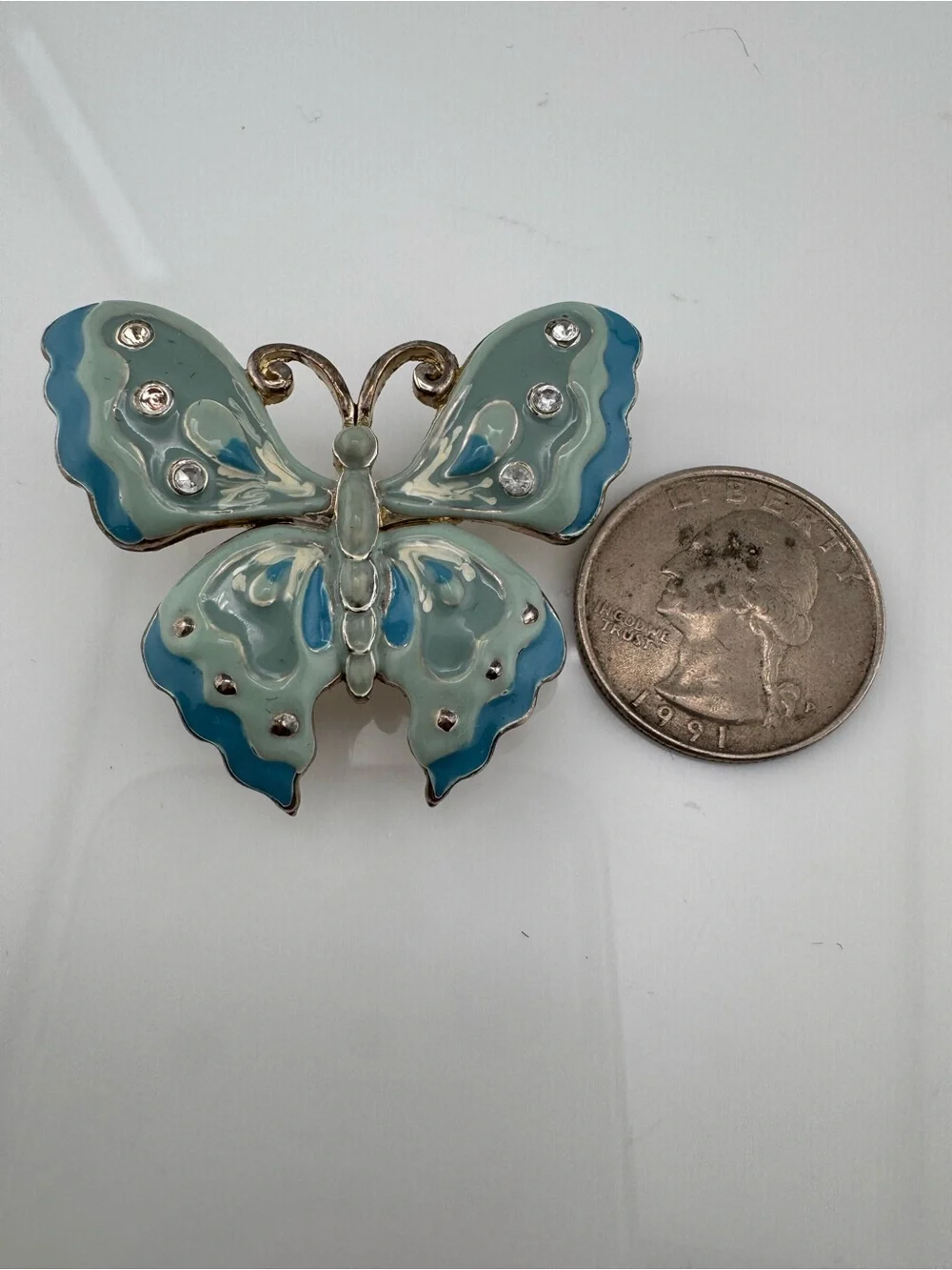 Y2K Blue Butterfly Brooch‎ Cottagecore Fairycore Pin VNTG Pastel Blue Rhinestone